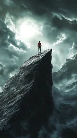 Solitary human figure on jagged peak under obscured moon.