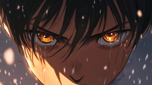 Close anime face with glowing amber eyes in snowfall.