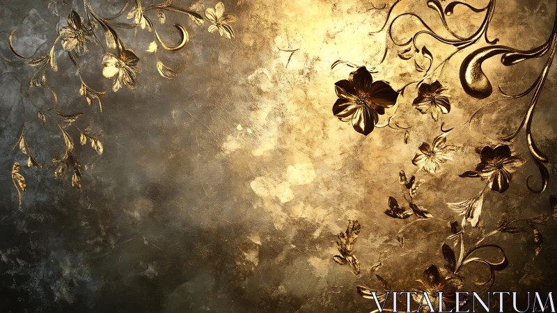 Metallic floral relief on chiaroscuro gold alloy surface.