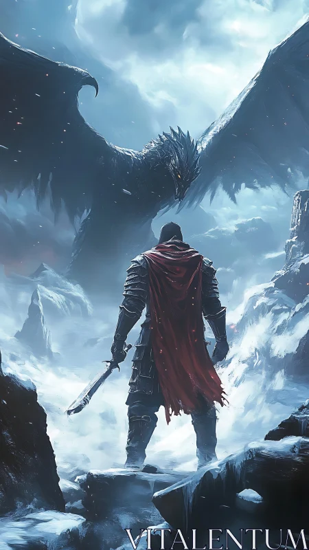Armored figure confronts large dragon in frozen mountain pass