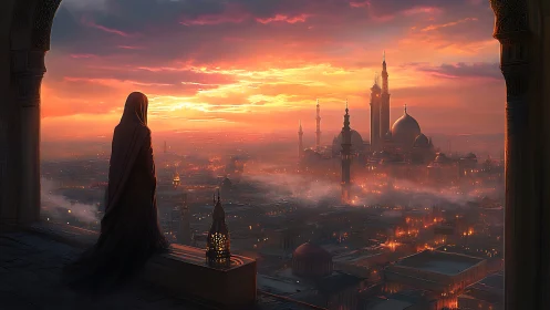 Hooded figure observes misty domed city under vivid sunset