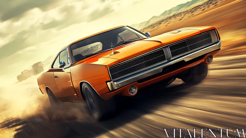 Digital muscle car drift in cinematic desert perspective.
