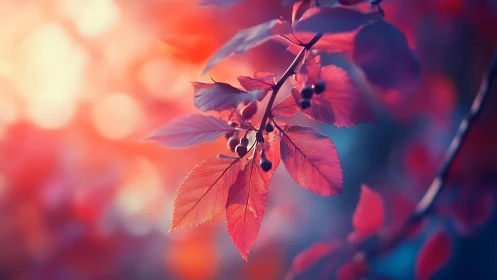 Red autumn leaves glow against soft pastel bokeh sunset