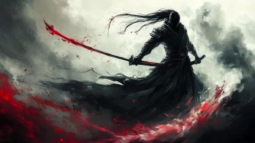 Silhouetted swordsman cuts through stormy mist with blood-tinted arc