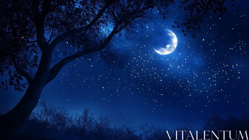 Crescent moon over silhouetted trees in deep blue night sky.