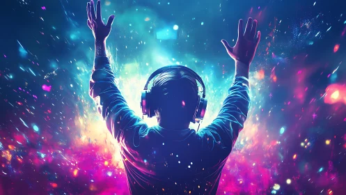 Person wearing headphones stands amid vivid digital light field