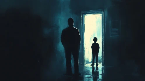 Backlit silhouettes of man and child in doorway, teal gloom