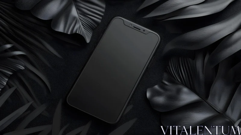 Sleek black smartphone on dark tropical leaves, modern style.