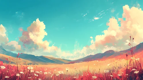 Vibrant wildflower field under bright clouds and sky.