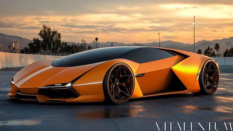 Parametric hypercar in sunset-lit urban test surface rendering.
