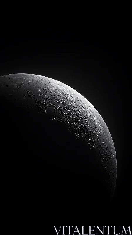 Lunar crescent reveals cratered surface in stark shadow.