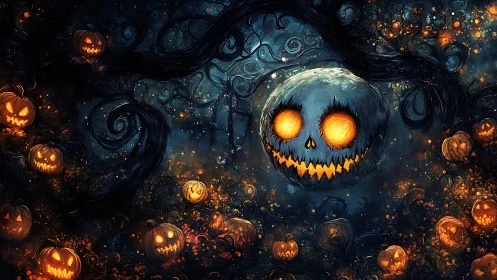 Glowing pumpkin moon over haunted forest of jack o lanterns.