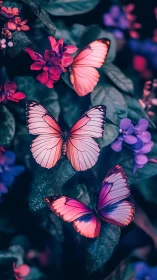 Macro digital painting of neon butterflies on lush foliage.