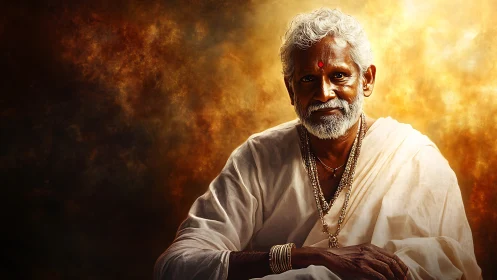 Elderly Indian guru in radiant saffron light, digital portrait