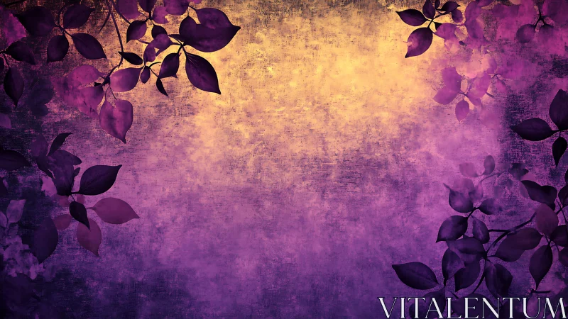 Vignetted purple foliage silhouettes frame a textured golden gradient