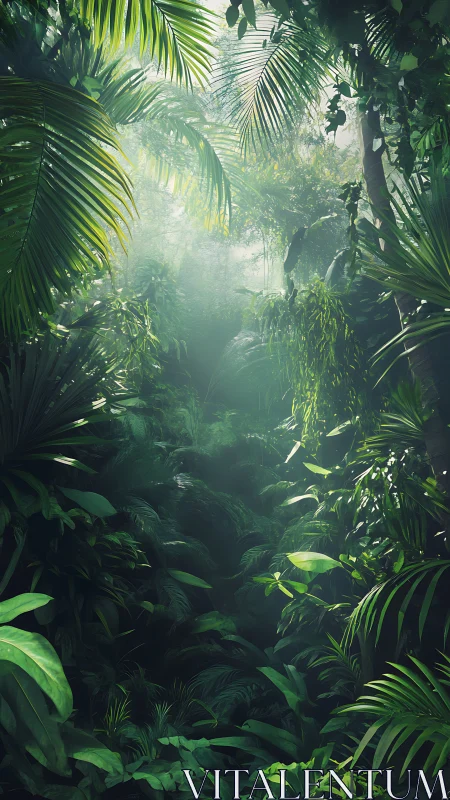 Dense Rainforest Canopy Filtered Light Penetrates Tropical Jungle