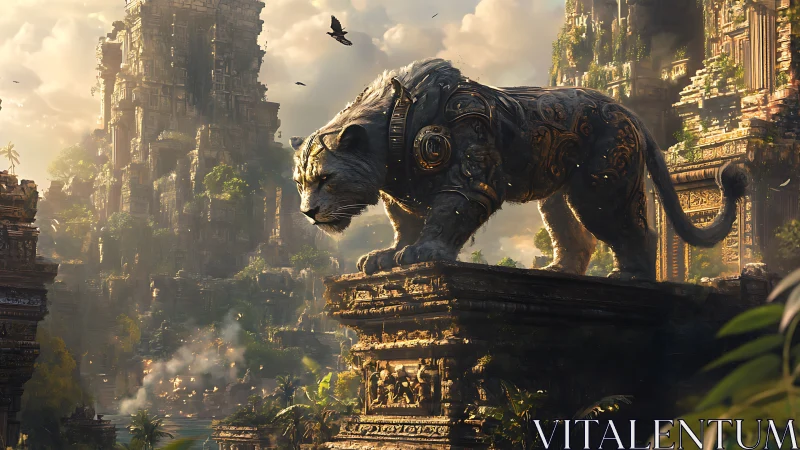 Cybernetic stone tiger sentinel over overgrown jungle ruins