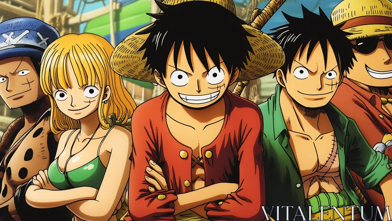 Straw-hat pirates stand confident on sunny wooden ship deck