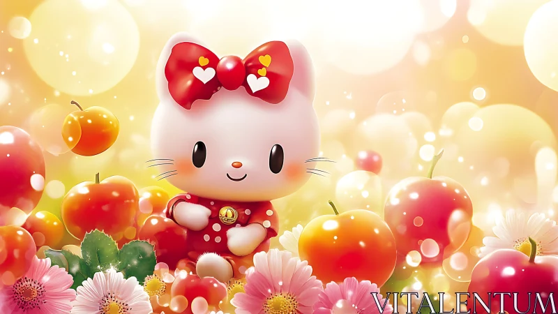 Candy dawn cuddles a bow-topped kitten amid glowing fruit