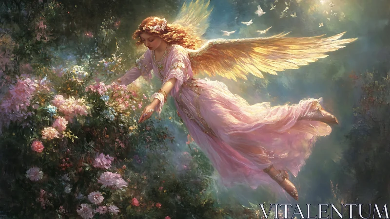 Golden-winged angel gliding over luminous rose garden at dawn