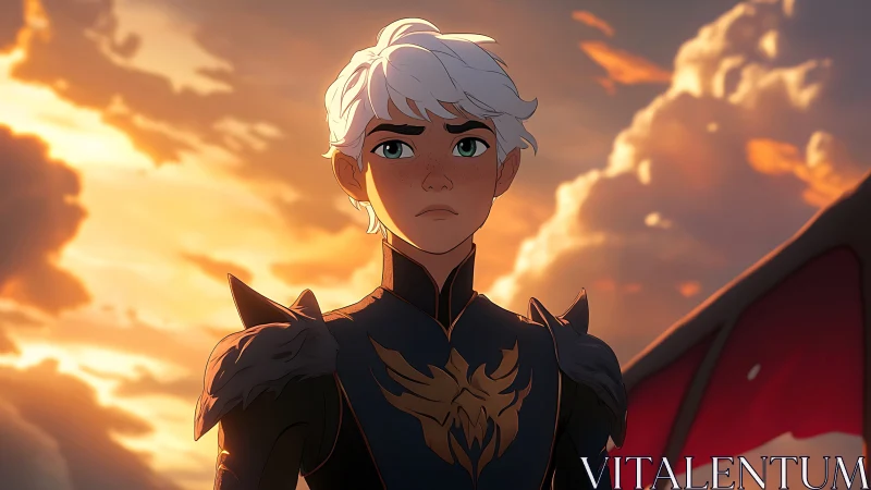 Young silver-haired warrior stares ahead at burning clouds.