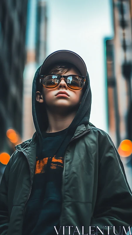 Young subject in dark jacket positioned against urban alleyway with gradient bokeh lighting
