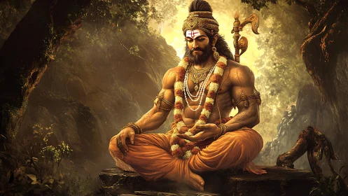 Meditating warrior sage glows in a sacred golden forest