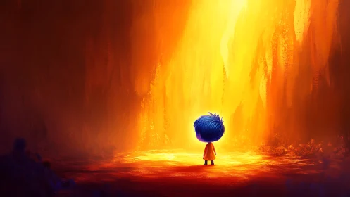 Small figure stands before vertical field of intense light