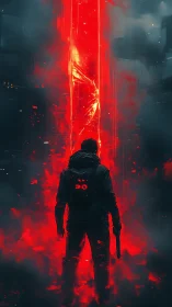 Lone figure stands before vertical red energy portal
