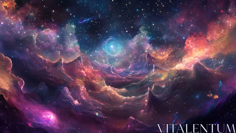 Digital nebula mountains in luminous cosmic panorama composition.