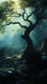 Solitary gnarled tree in dense forest under angled light.