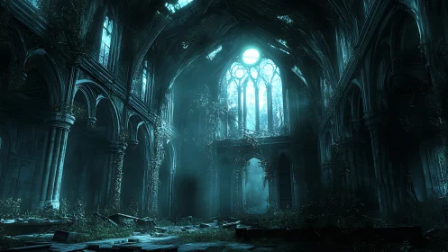 Overgrown gothic cathedral interior in cool blue light.