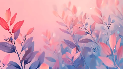 Pastel foliage illustration with dreamy pink blue glow.