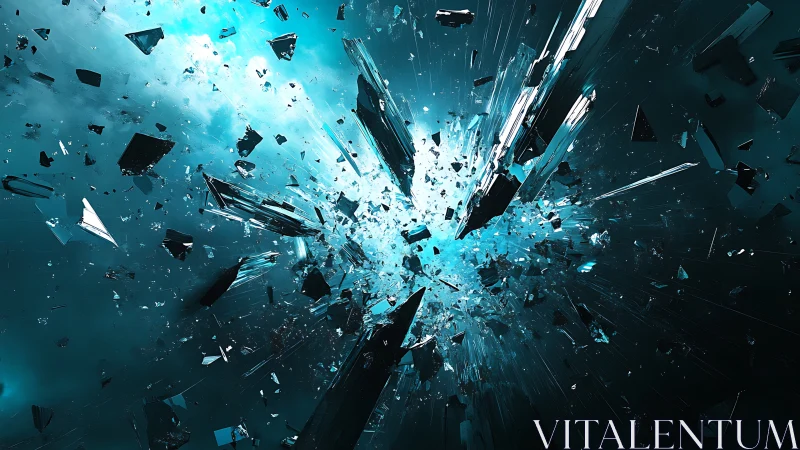 Shattered glass explosion in teal cosmic space burst.