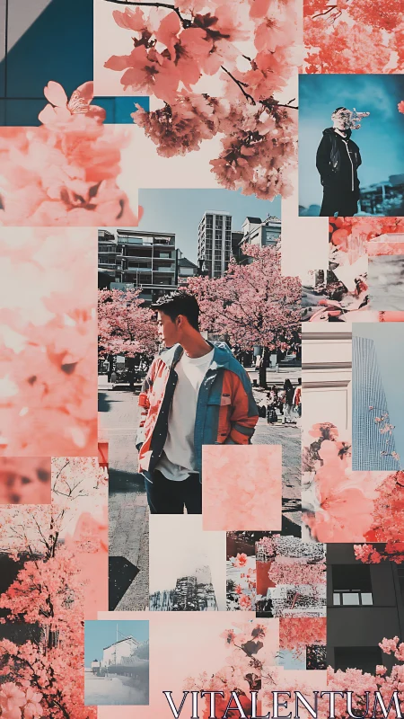 Layered urban hanami portrait in cinematic photo-collage style.
