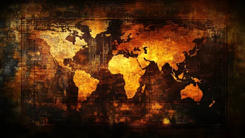 Grunge world map in fiery orange and dark brown tones.