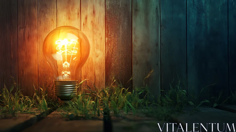 Glowing light bulb illuminates rustic wooden fence at dusk.