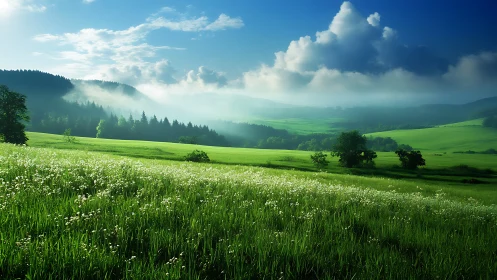 Luminous Morning Meadow with Rolling Hills Perspective Rendering.