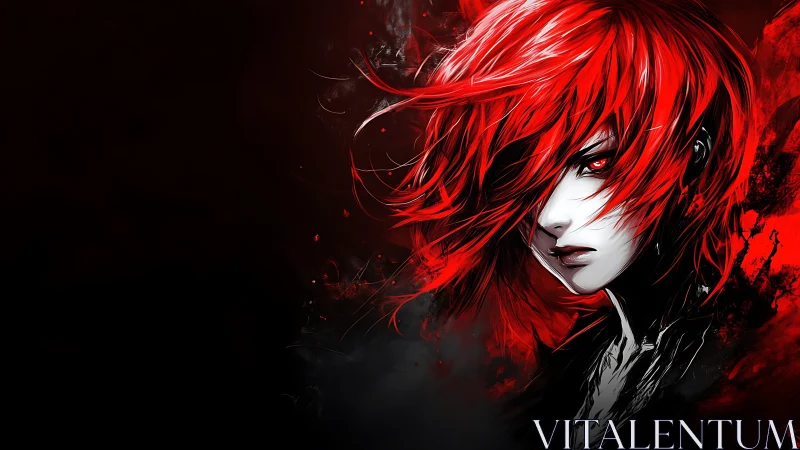 Red haired anime warrior glares through abstract darkness