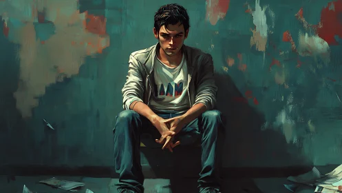 Brooding boy in teal alleyway, painted with raw solitude.