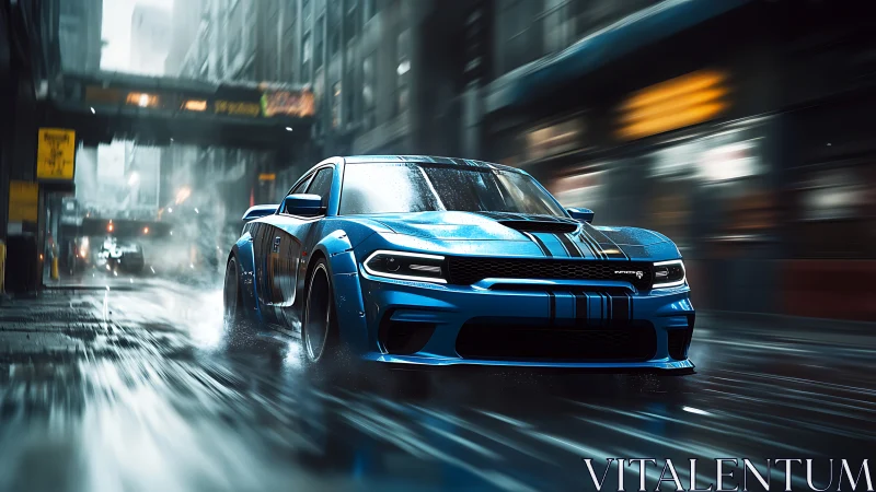 Bold blue muscle car racing through a rain soaked city street.