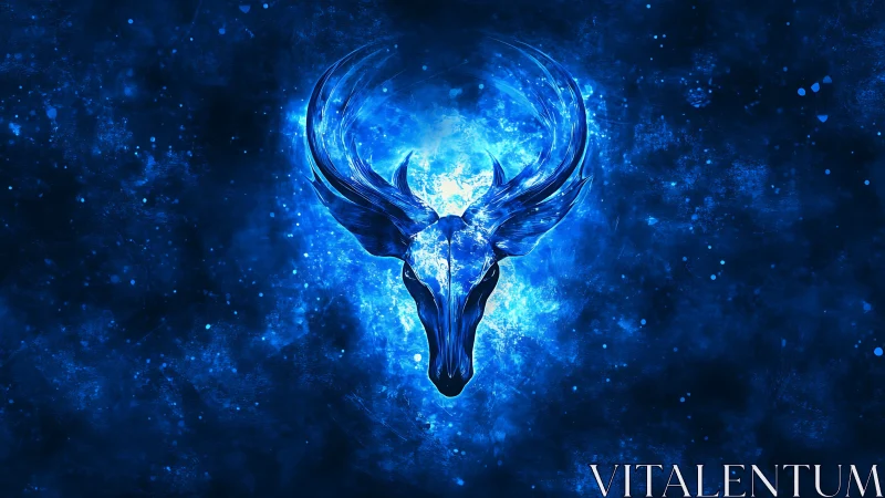 Luminous blue stag skull forms radiant cosmic focal point