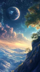 Two tiny dreamers greet a giant planet above cloud seas