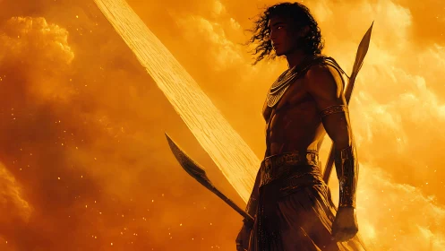 Solar-lit warrior before monolithic winged structure, dynamically poised.