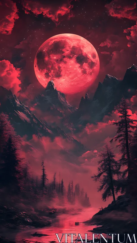 Crimson moon drapes a silent valley in theatrical starlight