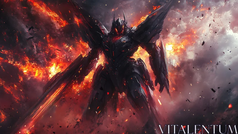 Apocalyptic war mech strides through erupting inferno sky.