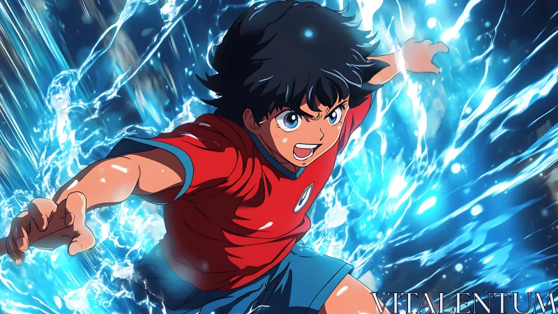 Anime hero surges forward through exploding blue water energy.
