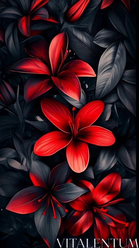 Crimson Flowers Against Dark Foliage. Vibrant Botanical Study.
