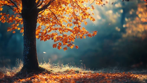 Sunlit autumn tree glows over soft meadow at dawn