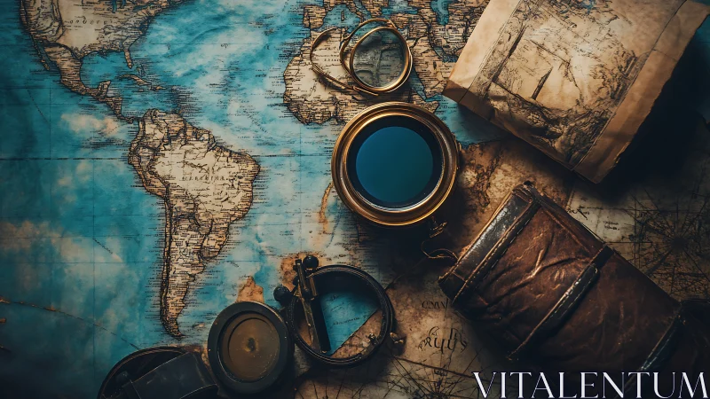 Vintage navigation instruments rest on worn world map